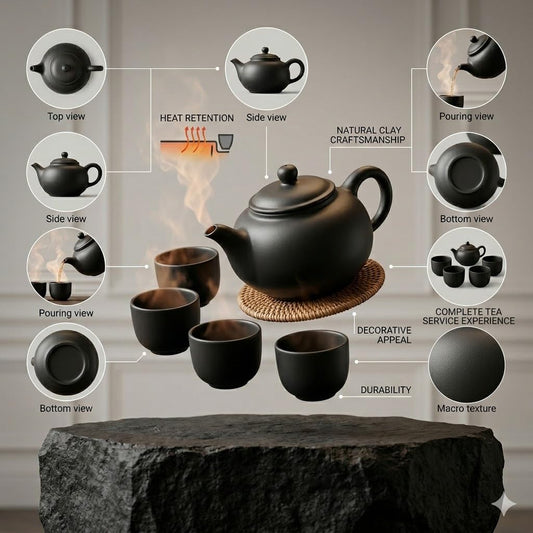 Premium Black Clay Ceramic Tea Set With Teapot 4 Cups