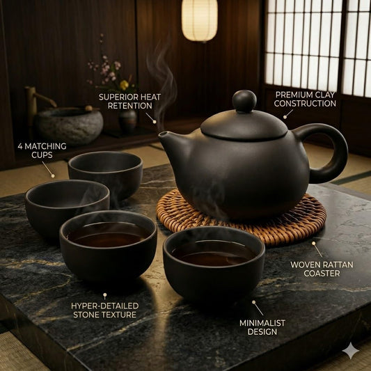 Premium Black Clay  Ceramic Tea Set With Teapot  4 Cups